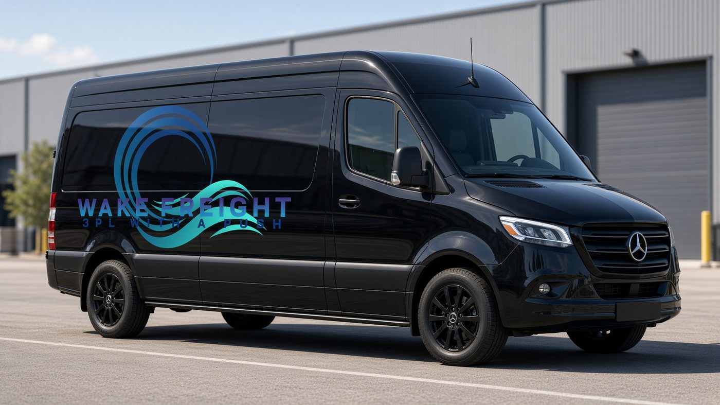 Black Wake Freight sprinter van at a warehouse