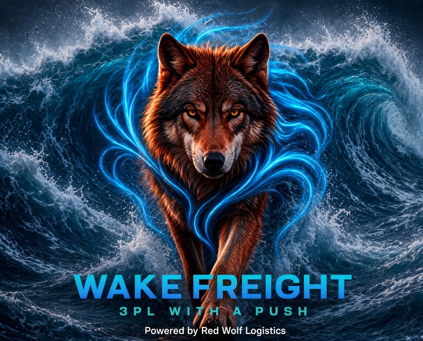 Wake Freight wolf emblem rising from a wave. 3PL with a push. Powered by Red Wolf Logistics